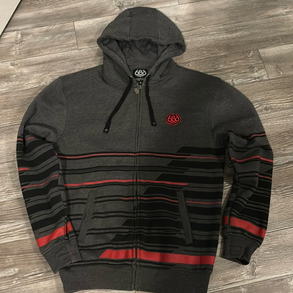 686 HOODIE SWEATSHIRT MENS SIZE SMALL SLEEVE HOLES ZIP UP GREAT CONDITION